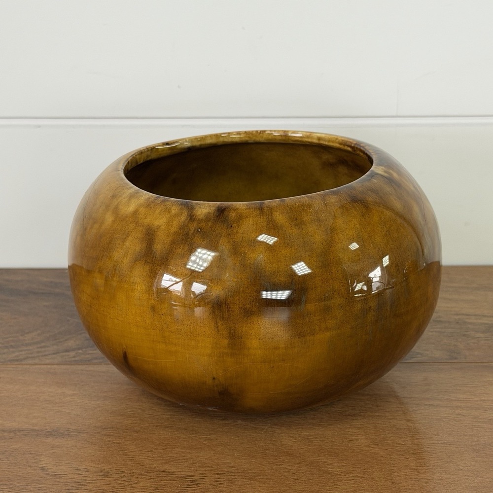 California Pottery Glazed Bowl Planter Vintage 70s Aged Earthy Brown Yellow